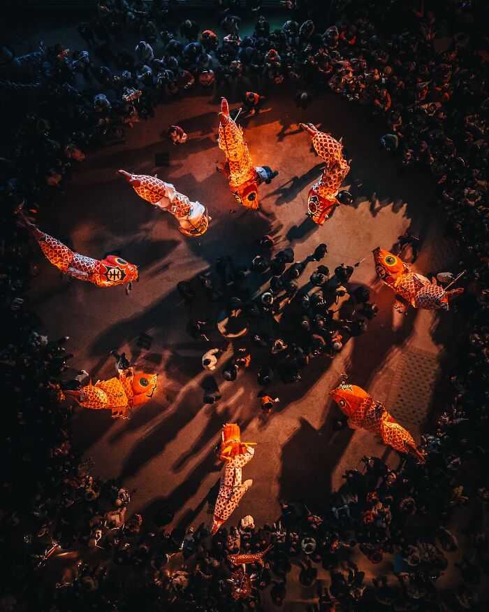 Crowd watching traditional Asian fish-shaped lantern dance during a vibrant cultural festival at night.