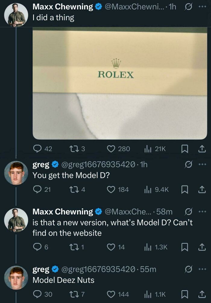 Screenshot of a Twitter exchange showing a Rolex box with comments, related to fitness influencers and gym culture humor.