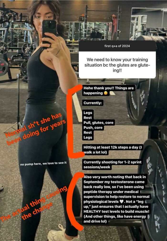 Woman in gym attire taking a mirror selfie, sharing a fitness routine focused on glutes and leg training progress.