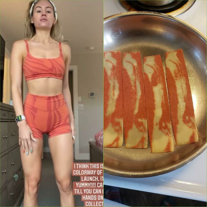 Woman in orange workout set stands next to frying pan with strips, highlighting take your baby to the gym fitness theme.