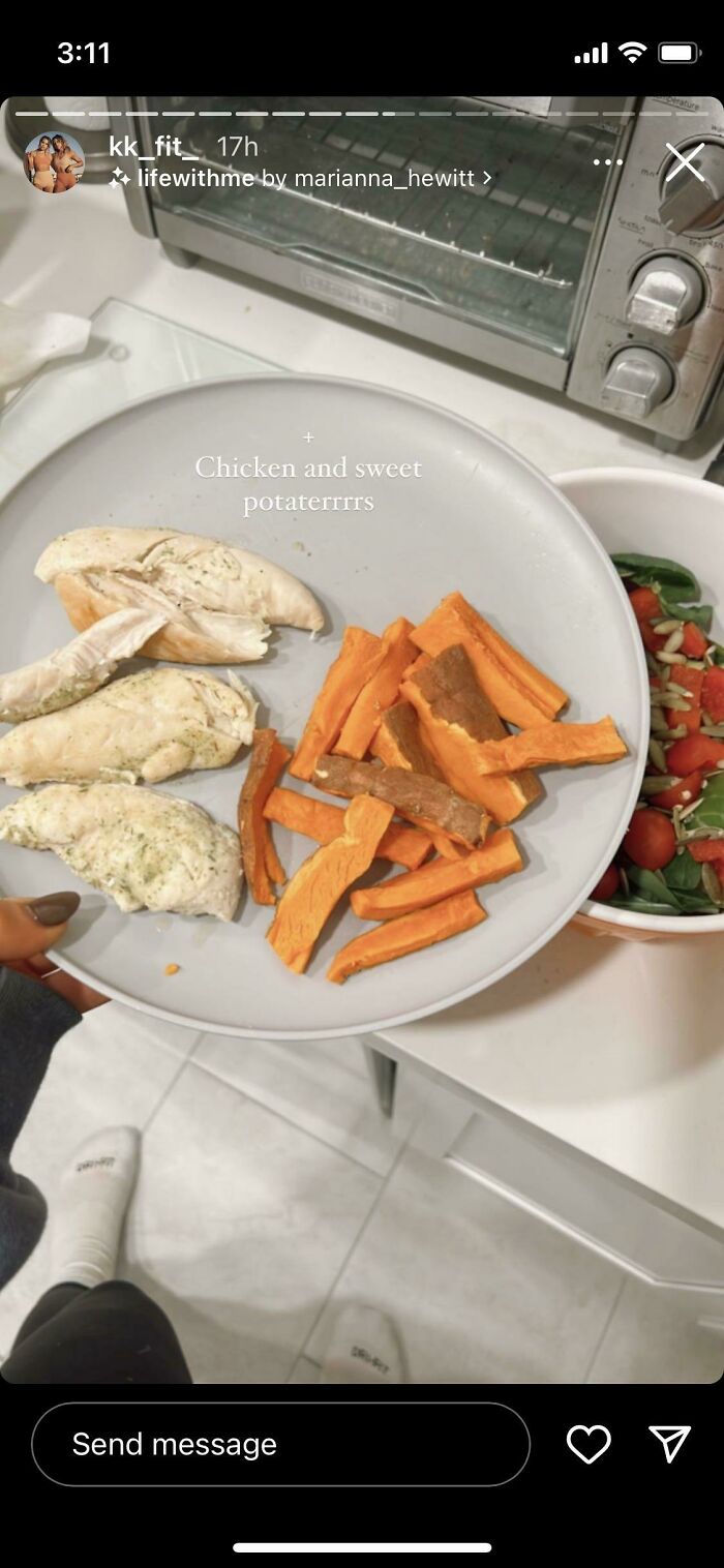 Plate of cooked chicken and sweet potatoes with fresh salad in kitchen, related to take your baby to the gym fitness influencers.