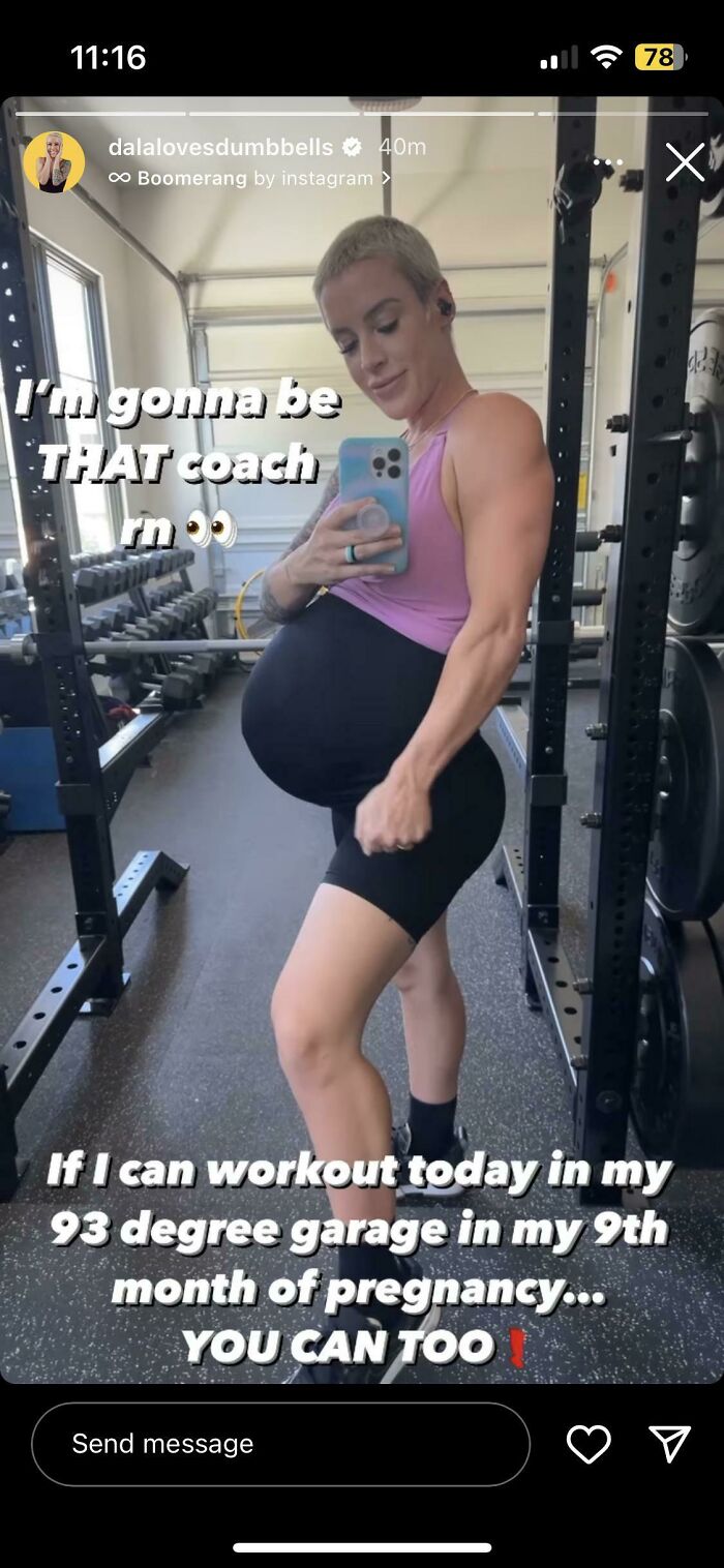 Pregnant fitness influencer taking a gym mirror selfie, promoting workout motivation in the ninth month of pregnancy.