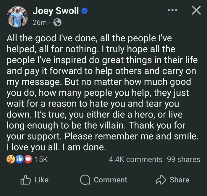 Screenshot of Joey Swoll's emotional social media post reflecting on fitness influencers and online support interactions.