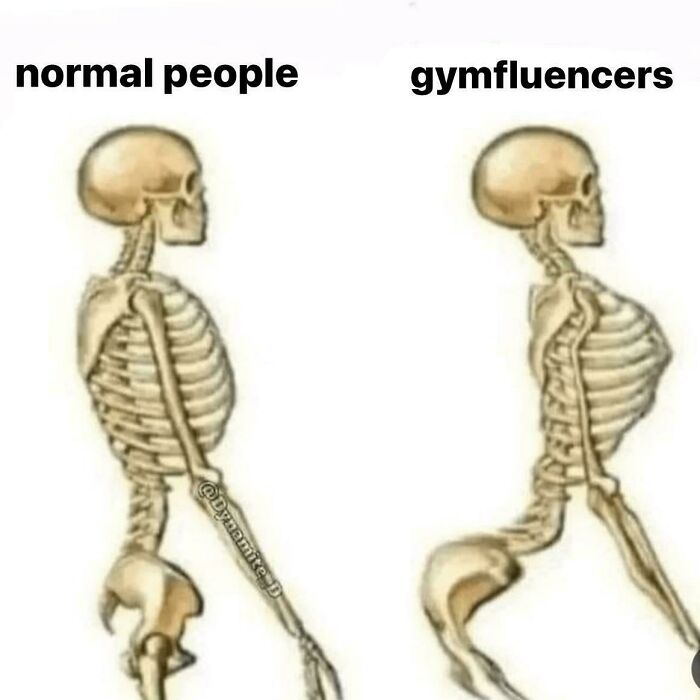Comparison of normal skeleton versus exaggerated posture of gymfluencers showing unhinged fitness influencer behavior.