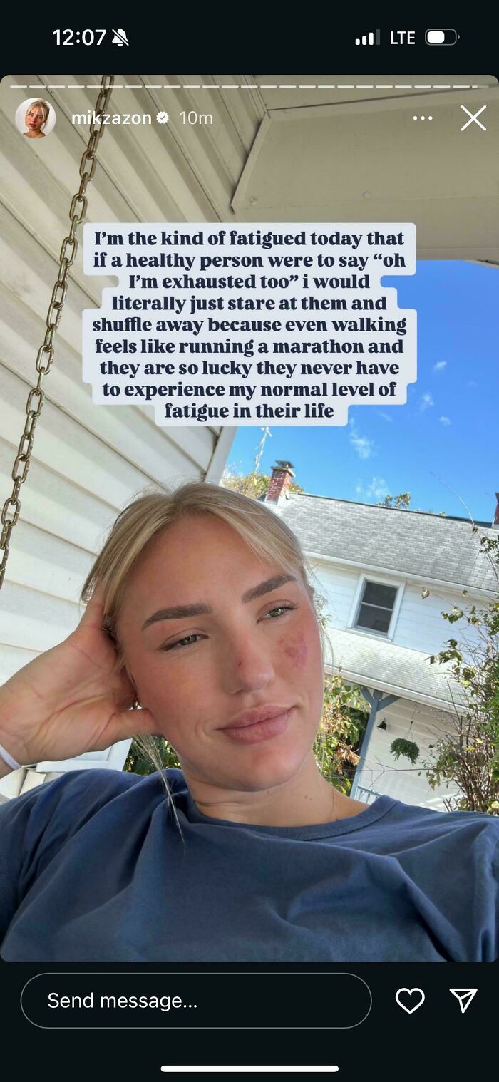 A woman resting on a porch with text about fatigue, related to fitness influencers and taking your baby to the gym.