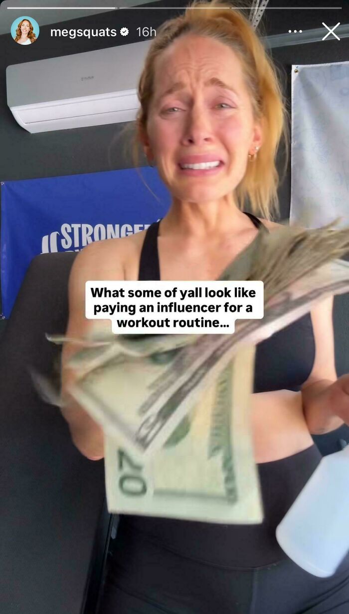 Woman in workout clothes holding money and crying, highlighting fitness influencers and baby gym trends.