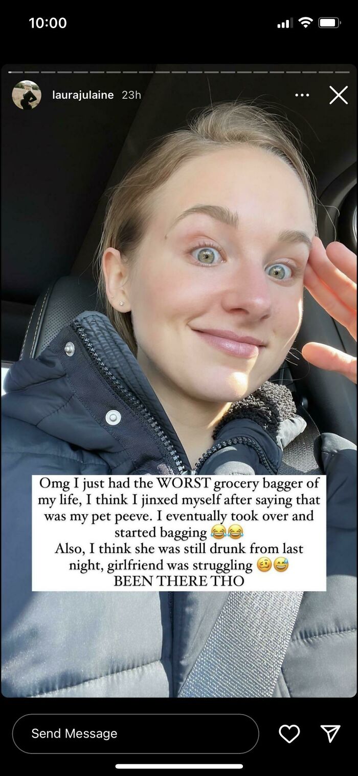 Young woman in a car sharing a story about a frustrating grocery experience, related to take your baby to the gym fitness culture.