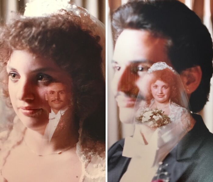 Double exposure wedding portraits showing a bride and groom, capturing funny and wholesome moments parents shared.