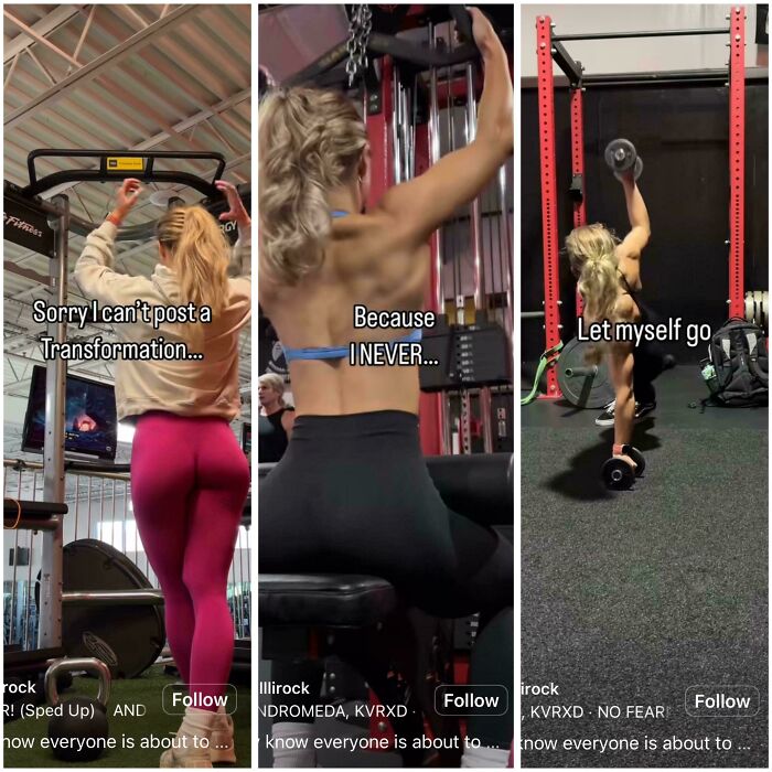Woman working out at the gym performing pull-ups and balance exercises with dumbbells in fitness influencer setting.
