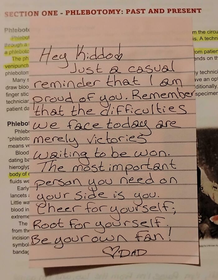 Handwritten note from dad with funny and wholesome message encouraging his child to be their own fan.