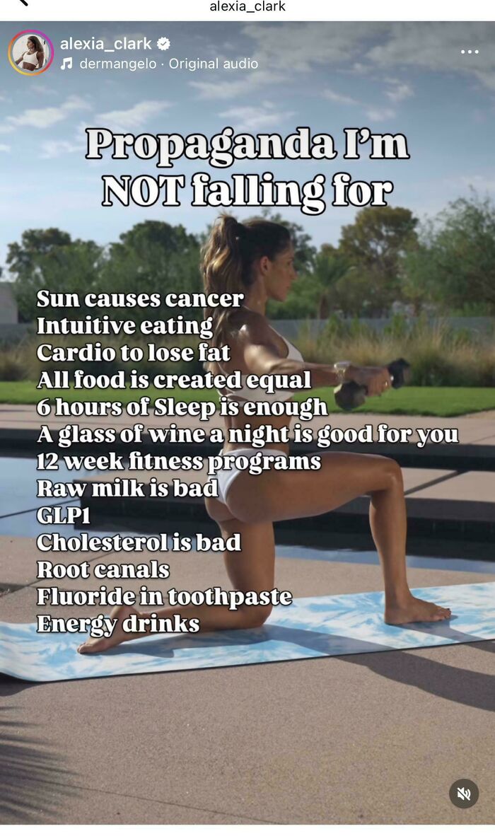 Fitness influencer outdoors on a mat, exercising and listing debunked health myths in a casual workout setting.