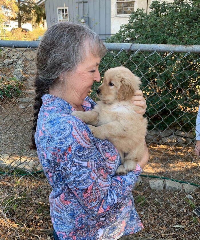 Older woman holding a golden retriever puppy, capturing a funny and wholesome parenting moment outdoors.