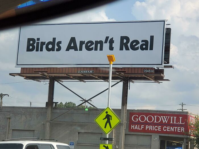 Funny and weird billboard displaying the phrase Birds Aren’t Real above a street with traffic signs and buildings.