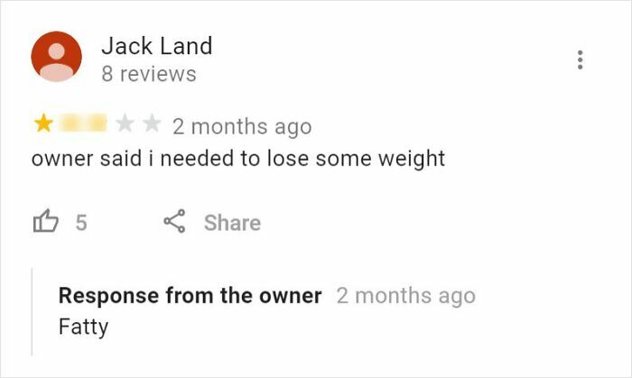 Review comment about losing weight with a sharp response from the owner, showcasing times comments were better than the post.