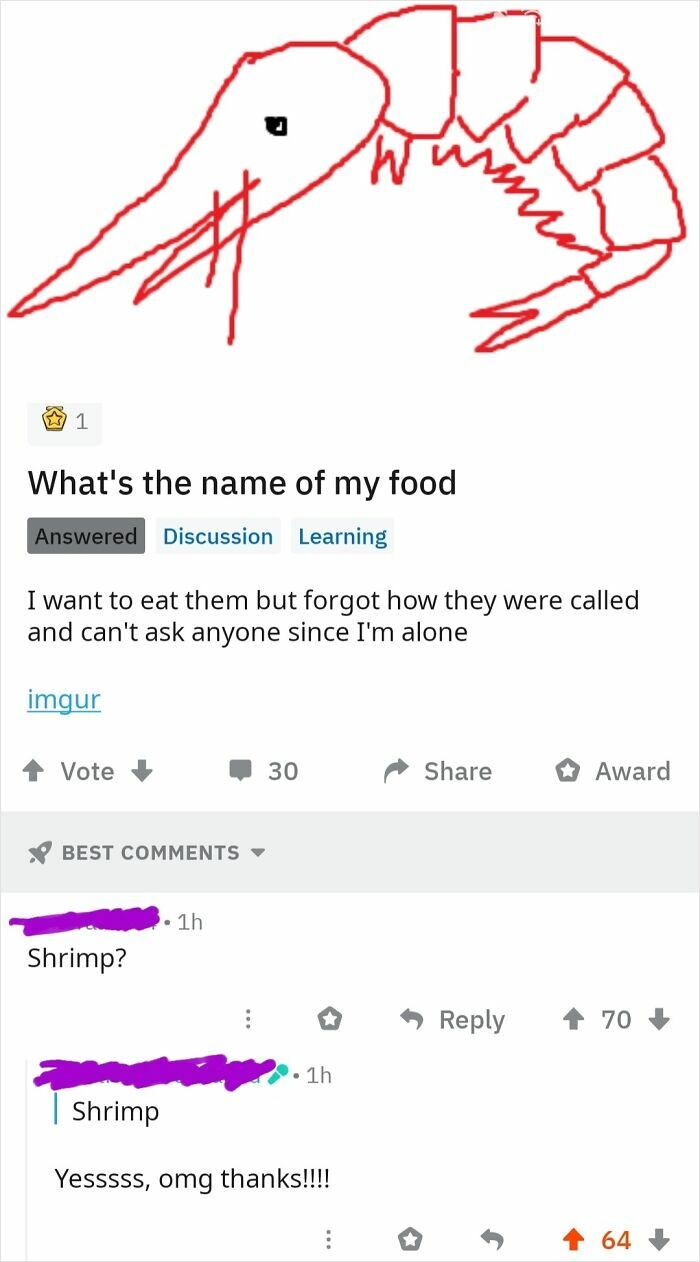 Red hand-drawn shrimp illustration with a humorous comment section guessing the food's name in an online discussion.