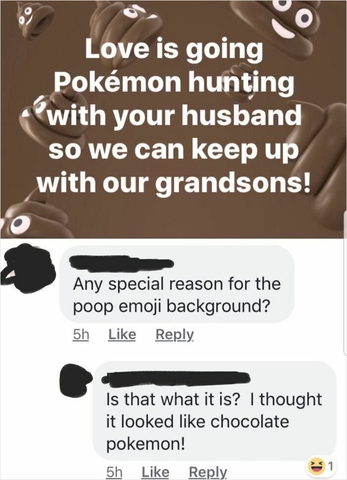 Comments discussing the p**p emoji background in a humorous post about Pokémon hunting with your husband.
