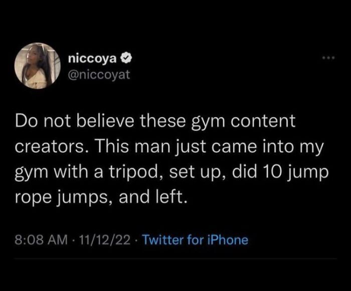 Twitter post warning about gym content creators and a man filming jump rope jumps, related to fitness influencers.