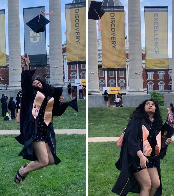 Woman in graduation gown tossing cap in the air on left, struggling to catch cap on right, showing funny differences between moms and dads
