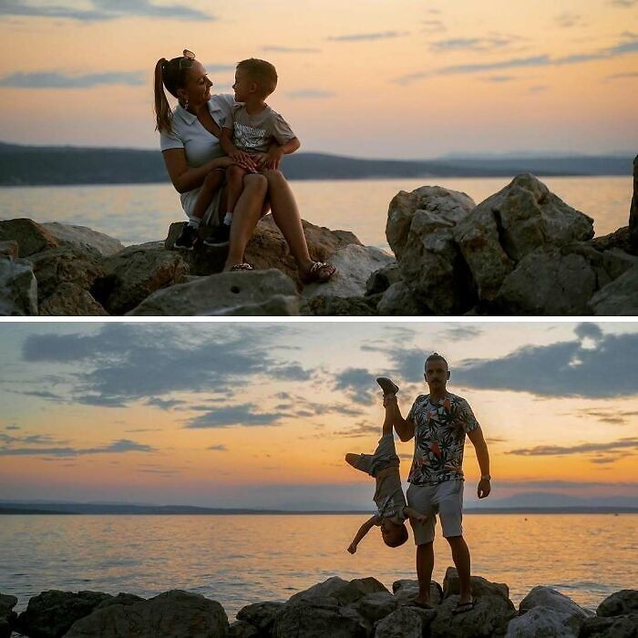 Mom sitting calmly with child on rocks by the water, dad playfully holding child upside down at sunset showing differences between moms and dads
