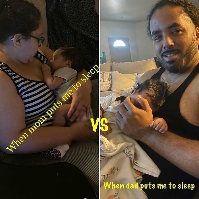 Mother gently holding baby to sleep contrasted with father cuddling baby, showing funny differences between moms and dads.