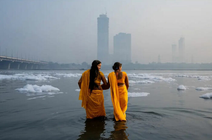 Two women in orange sarees standing in water near cityscape, capturing everyday life in India.