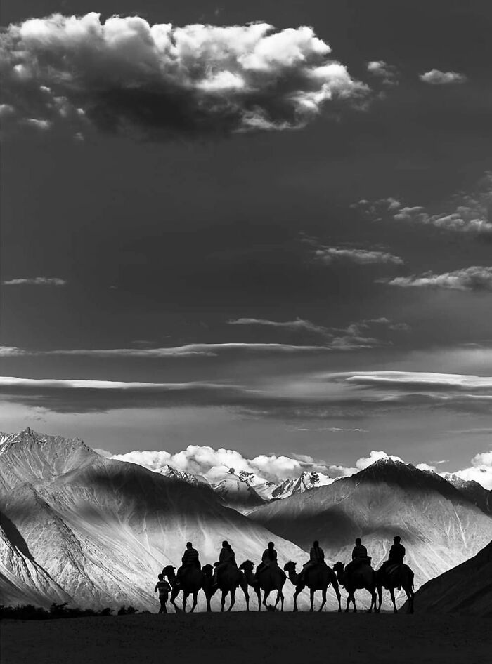 Silhouettes of people riding camels against mountain backdrop in a black and white shot capturing everyday life in India.