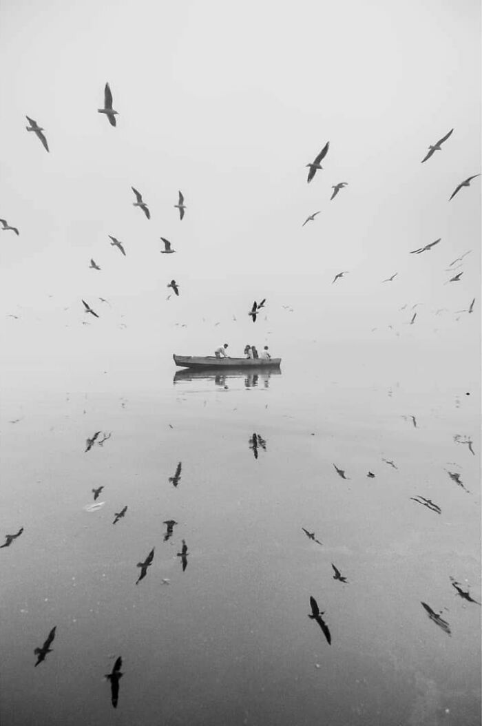 Monochrome image showing a boat with people surrounded by birds flying and reflected on calm water, capturing everyday life in India.