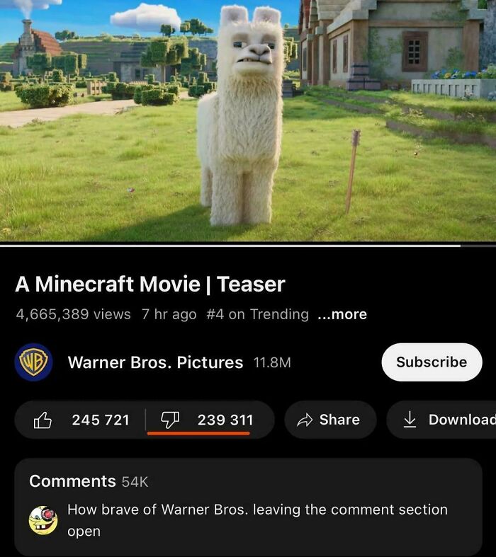 Minecraft movie teaser showing a llama character with highly engaged comments better than the post itself.