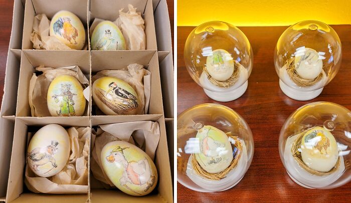 Hand-painted eggs with animal illustrations, part of a funny and wholesome parents collection shared by kids.