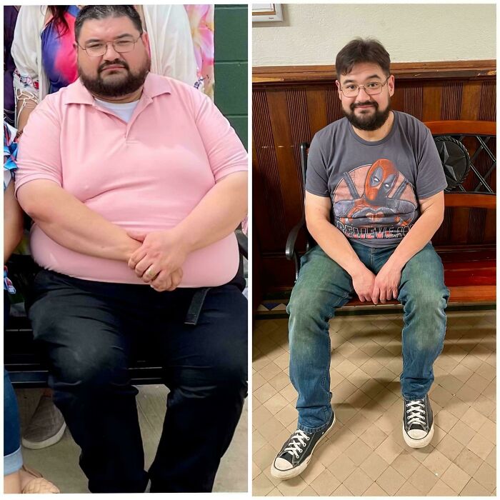 Man showing a dramatic life transformation, before and after weight loss, sitting on benches in casual clothes.