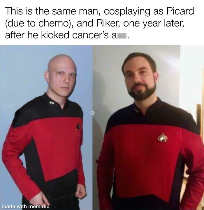 Man's inspiring glow-up after cancer, dressed in Star Trek uniform, showing impressive transformation and recovery.