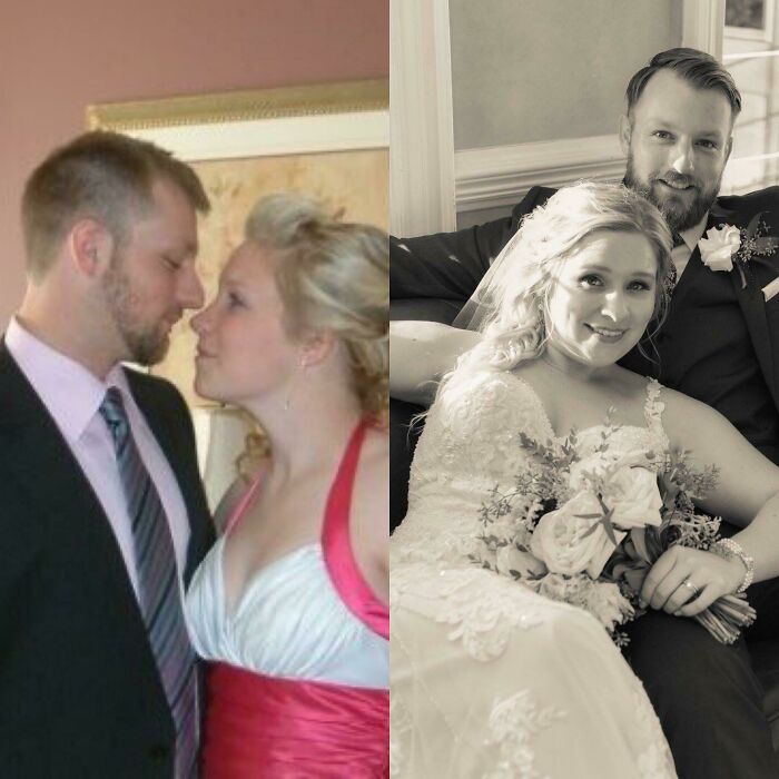 Before and after glow-up of a couple, showing a transformation from casual to elegant wedding attire and style.