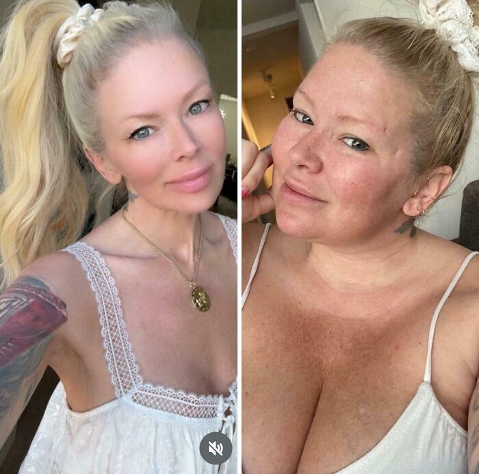 Side-by-side photos of a woman showing the difference between social media filters and natural skin, highlighting filter fakery.