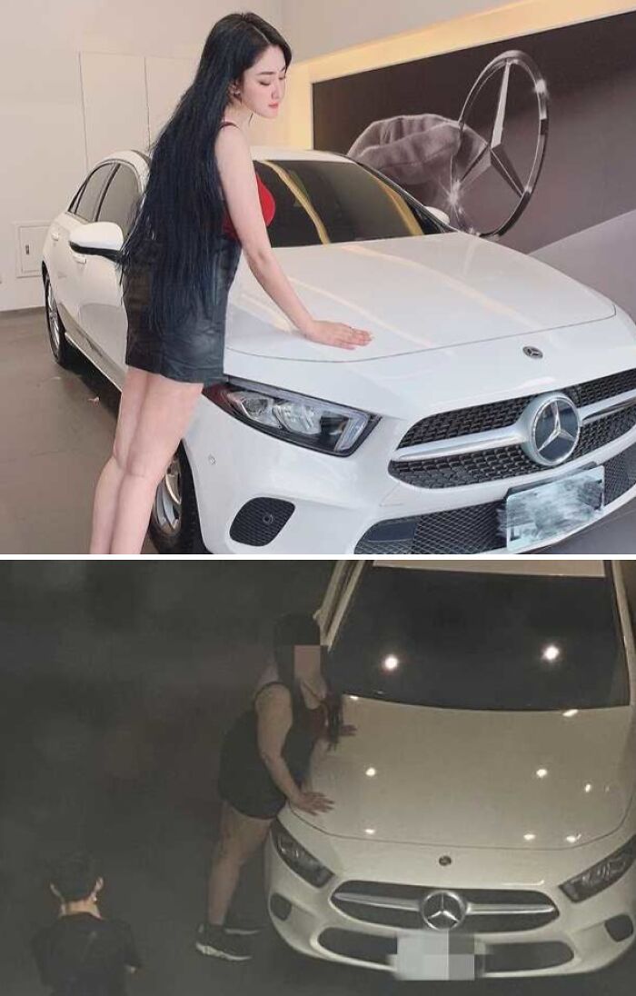 Woman posing with white Mercedes car indoors and outdoors showing failed social media filter fake attempt.