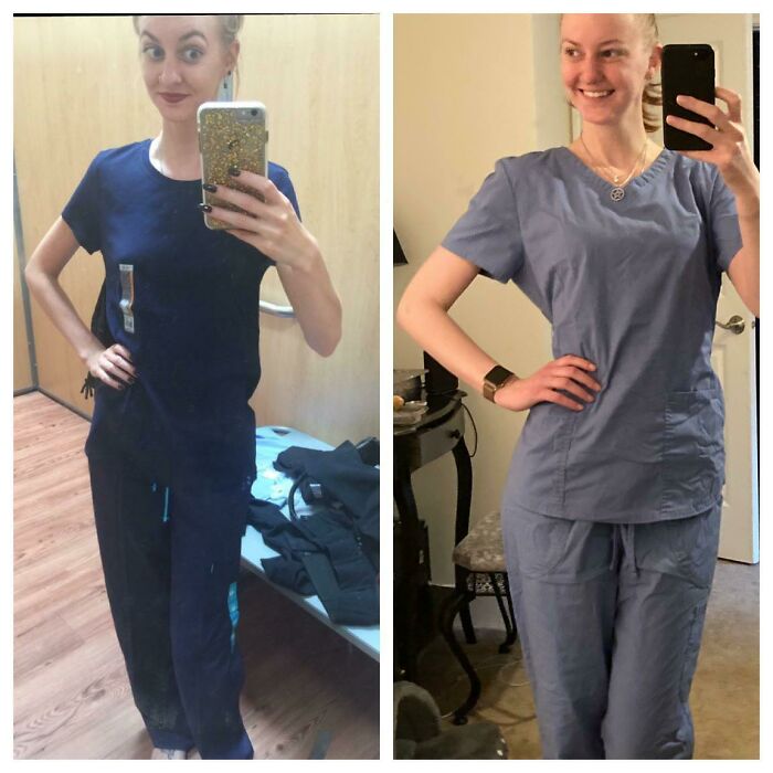 Side-by-side photos of a woman showing life-changing transformations in appearance and confidence wearing medical scrubs.