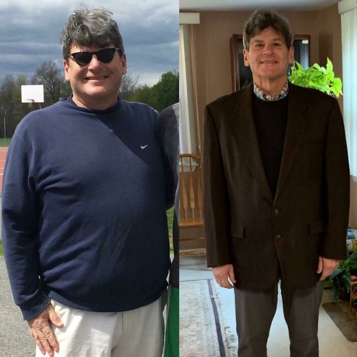 Before and after male glow-up showing weight loss and style transformation indoors and outdoors smiling confidently.