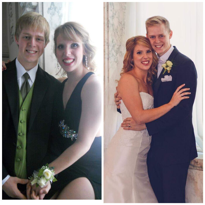 Couple showing impressive glow-up transformation with formal wear on the left and wedding attire on the right.