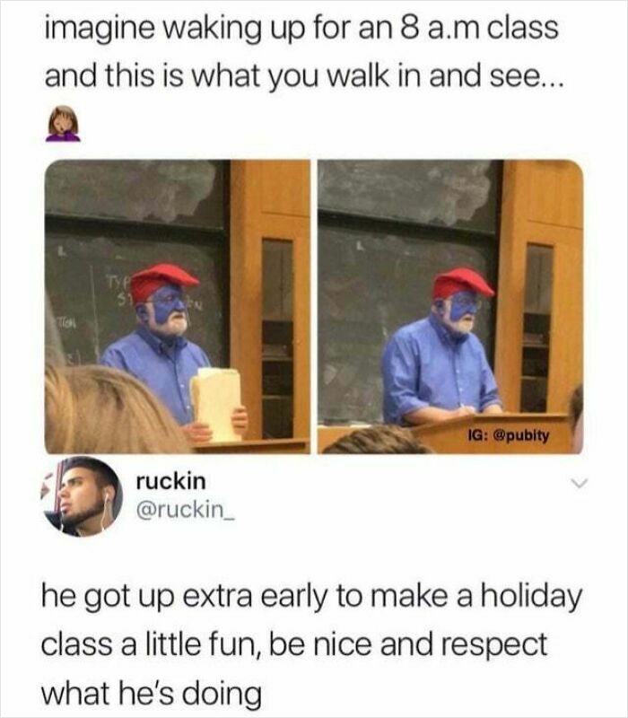 Teacher wearing a red hat and face paint in classroom, showing a funny sense of humor to engage students early in the morning.