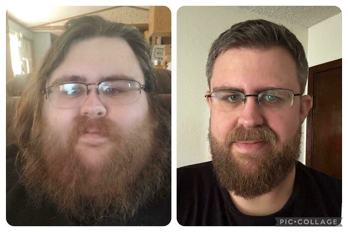Before and after transformation of a man with glasses showing a life-changing personal change with a trimmed beard and haircut.
