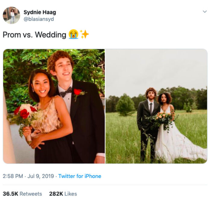 Side-by-side photos showing a couple's transformation from prom to wedding, highlighting life-changing transformations.