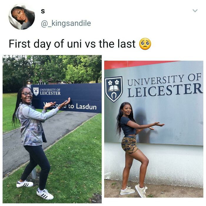 Young woman showing impressive glow-up transformation between first and last day at university campus.
