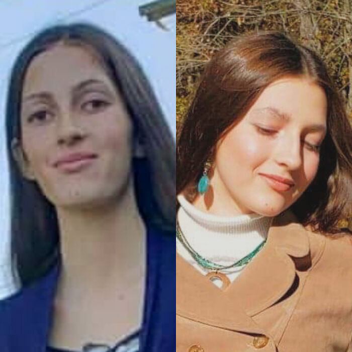 Before and after photos of a young woman showcasing a personal transformation that changed her life completely.