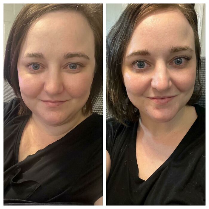 Woman showing a personal transformation with before and after photos highlighting a life-changing makeover and new confidence.