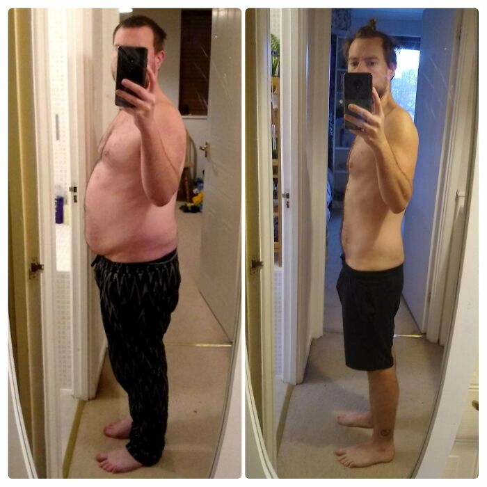 Before and after glow-up transformation showing significant weight loss and improved physique in a side mirror selfie.