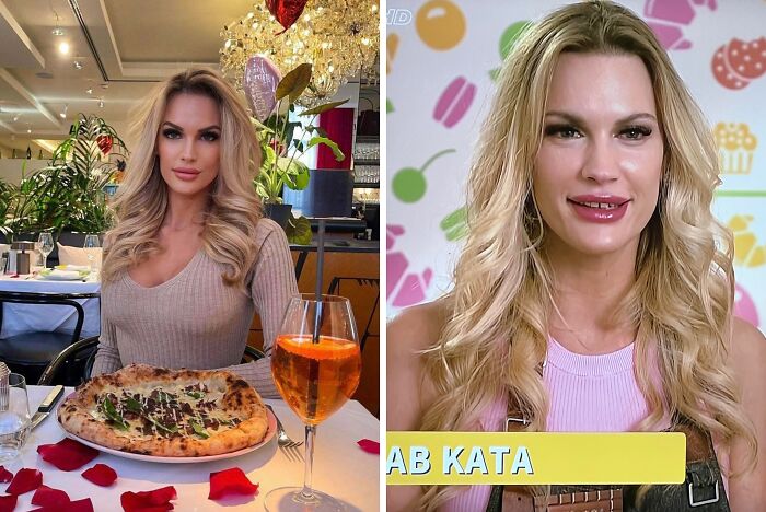 Side-by-side images of a woman with styled blonde hair showcasing social media filter fails and real-life appearance.