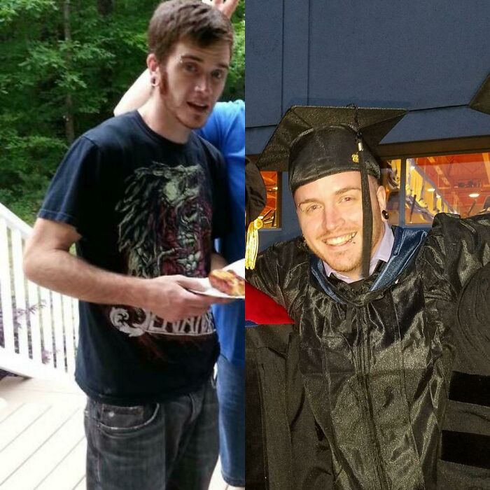 Side-by-side glow-up comparison of a young man before and after graduation, showcasing one of the best glow-ups.