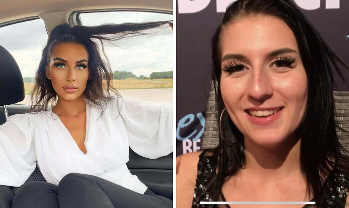 Two women with heavy makeup, one posing in a car, showcasing attempts to fake social media filters offline.