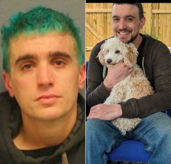 Man with dyed green hair in before photo and smiling man holding a dog in after photo showing life transformations.