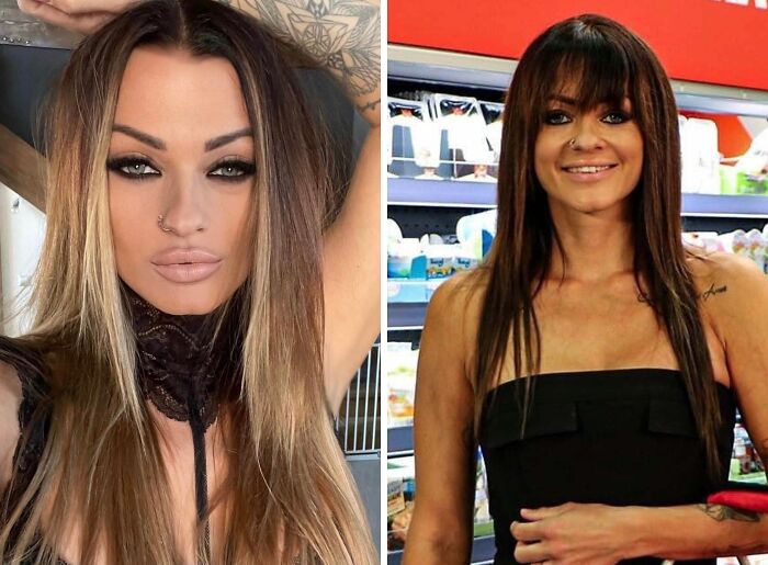 Two women posing for photos showcasing failed social media filter attempts that fooled no one outdoors.