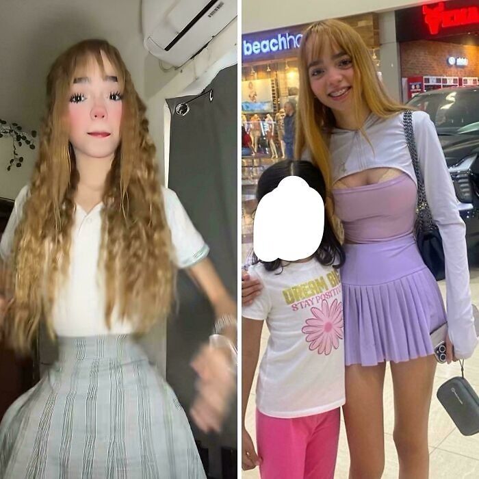 Young woman with long hair trying to fake social media filters in real life, illustrating struggles with outdoor filter effects.